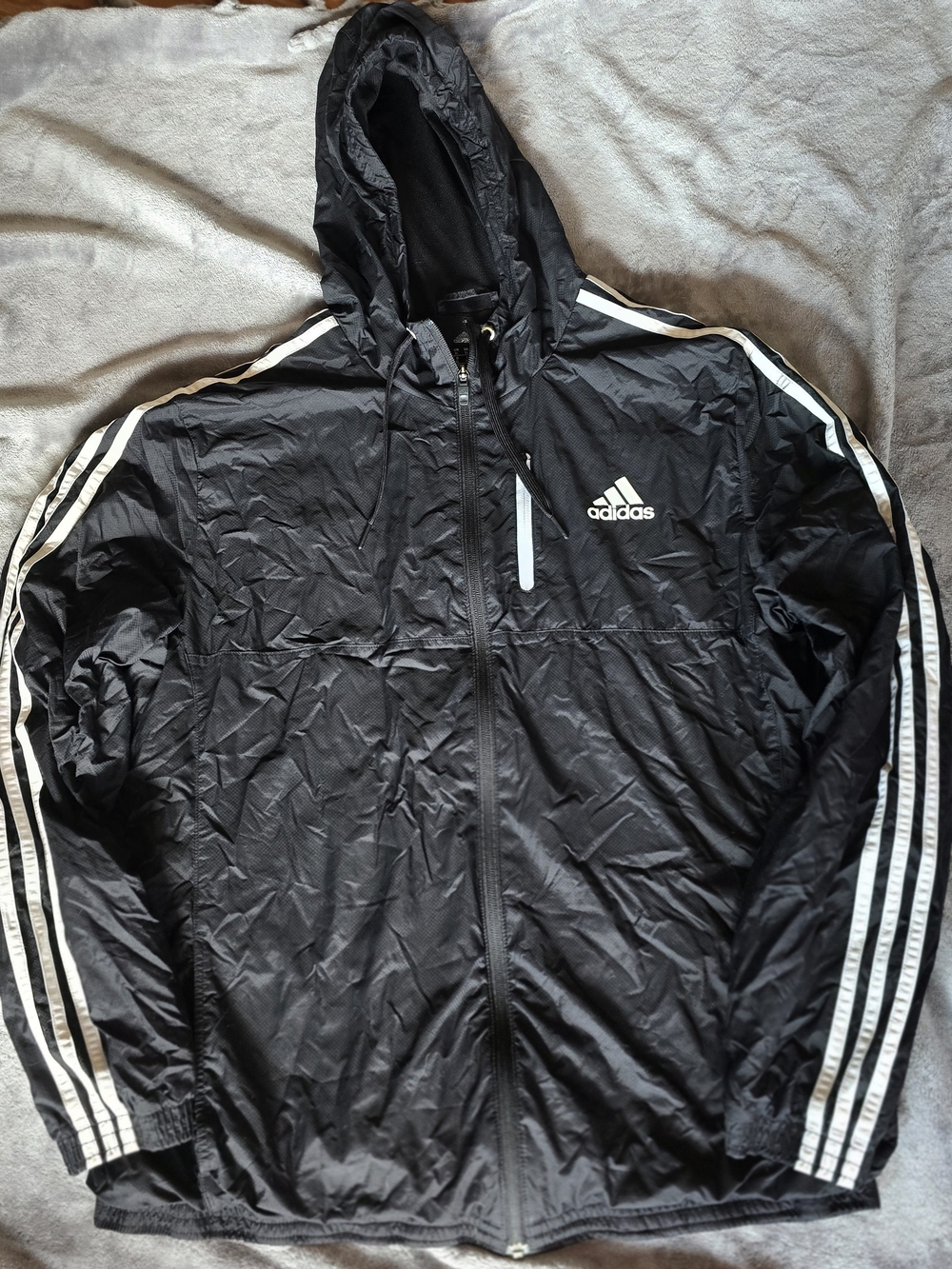 Adidas Mens Black 3-Stripe Full Zip Hooded Windbreaker Jacket XL